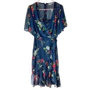 Calvin Klein‎ Women's Size 12 Navy Floral Maxi Dress Flutter Sleeves Wrap Skirt